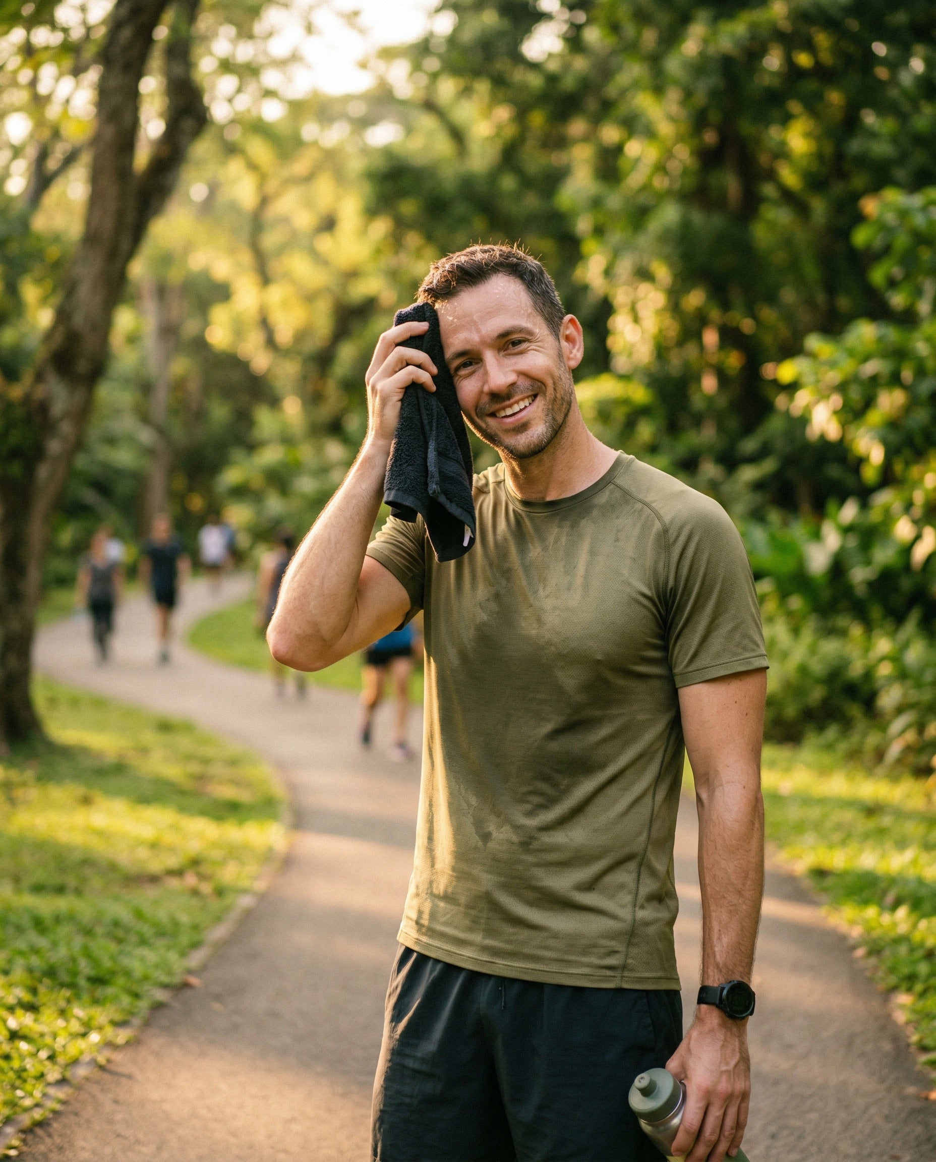 Aktiver Mann nach dem Joggen im Park – Männergesundheit natürlich unterstützen
